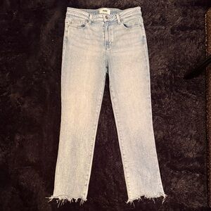 PAIGE Light Wash Ankle Jeans with distressed bottoms